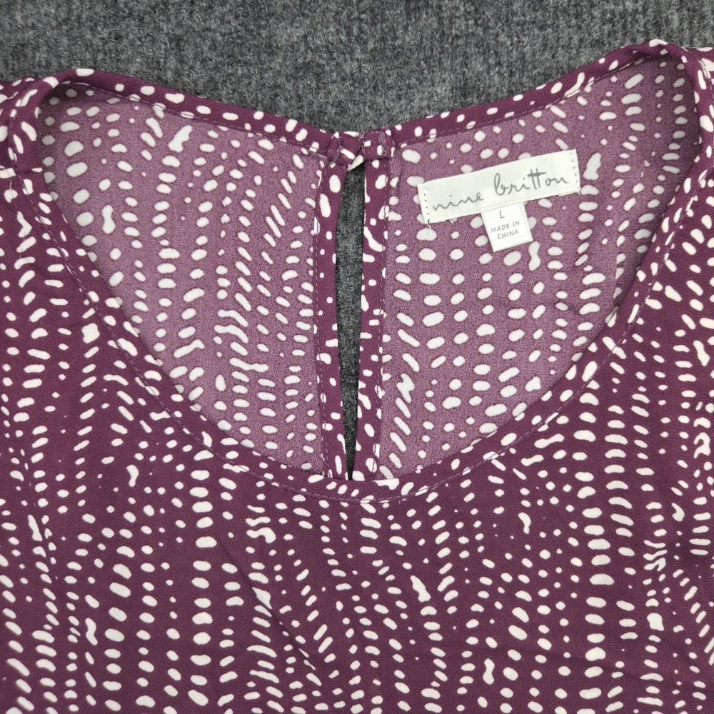 Nine Britton Blouse Women Large Purple Polyester Abstract Dot Flutter Sleeve Top